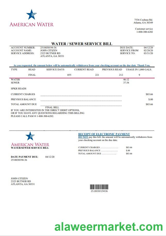 USA Georgia American Water utility bill template in Word and PDF format